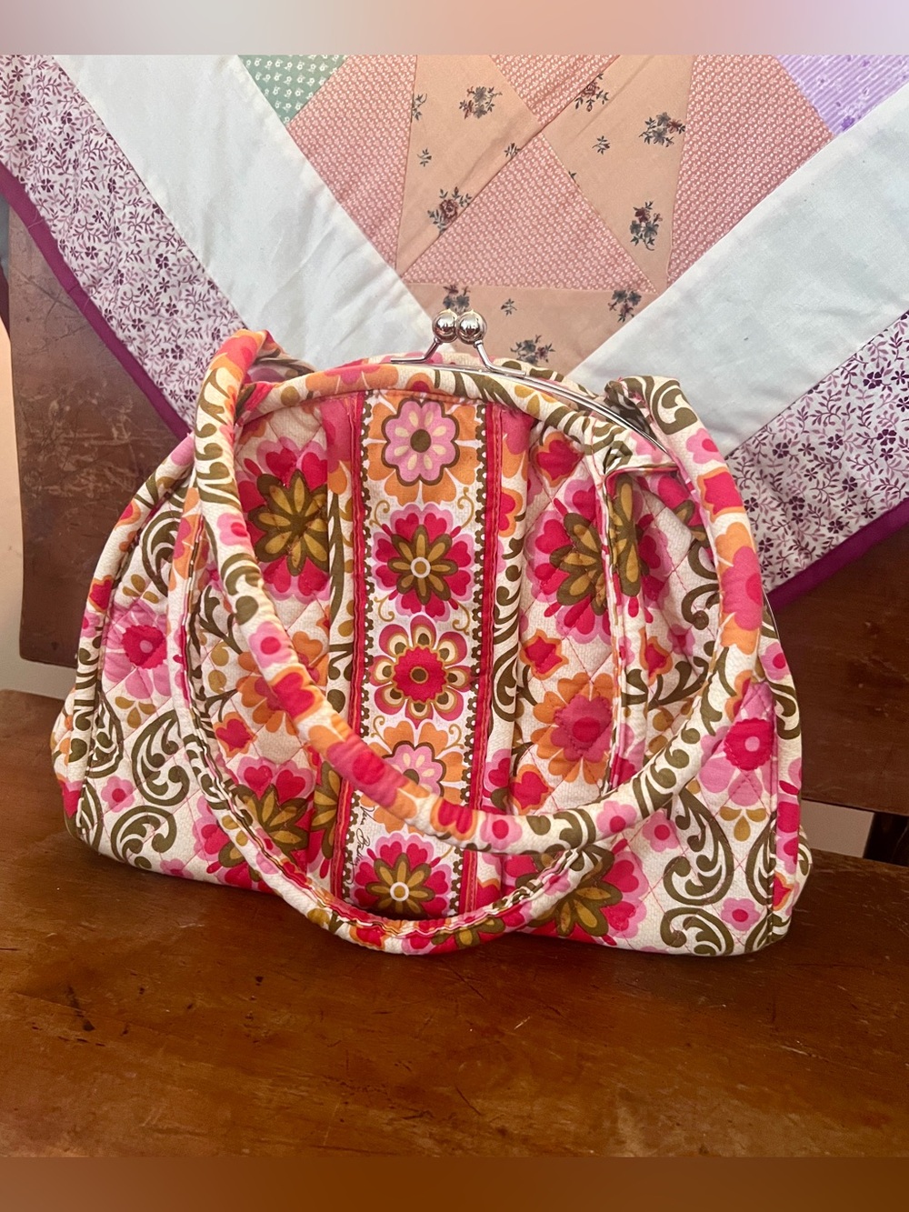 Floral Quilted Kiss-Lock Handbag - Pink & Olive & Orange Vera Bradley